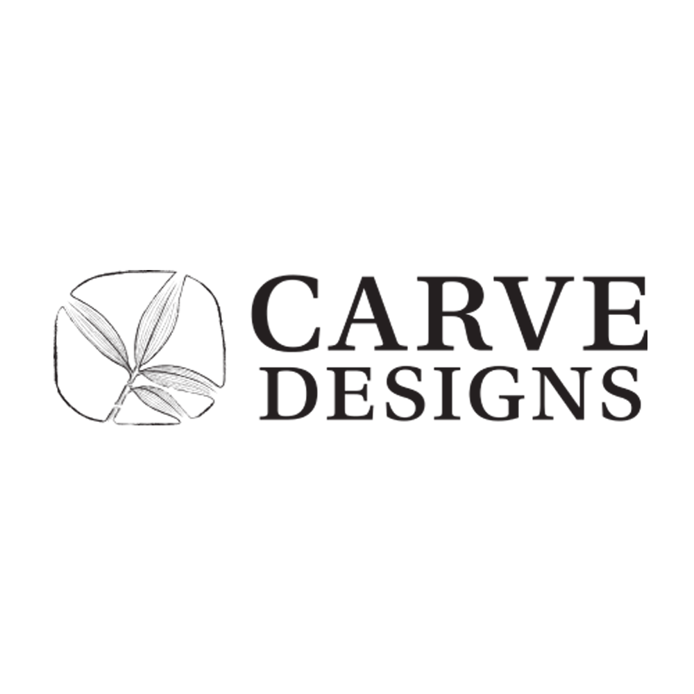 Carve Designs logo, black filigree leaf design with the word mark Carve Designs